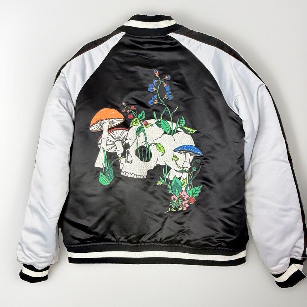 Urban Outfitters Bomber Jacket Men's M Black Embroidered Skull Full Zip Lined